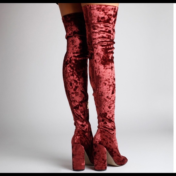 Velvet peep toe over the knee burgundy long boots - Picture 3 of 8
